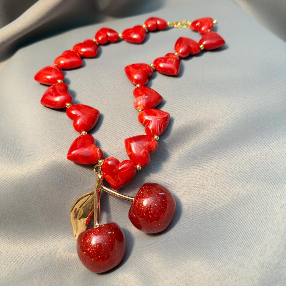Cherry Necklace Red Heart Bead Statement Necklace Gold Tone Drop - Picture 6 of 11
